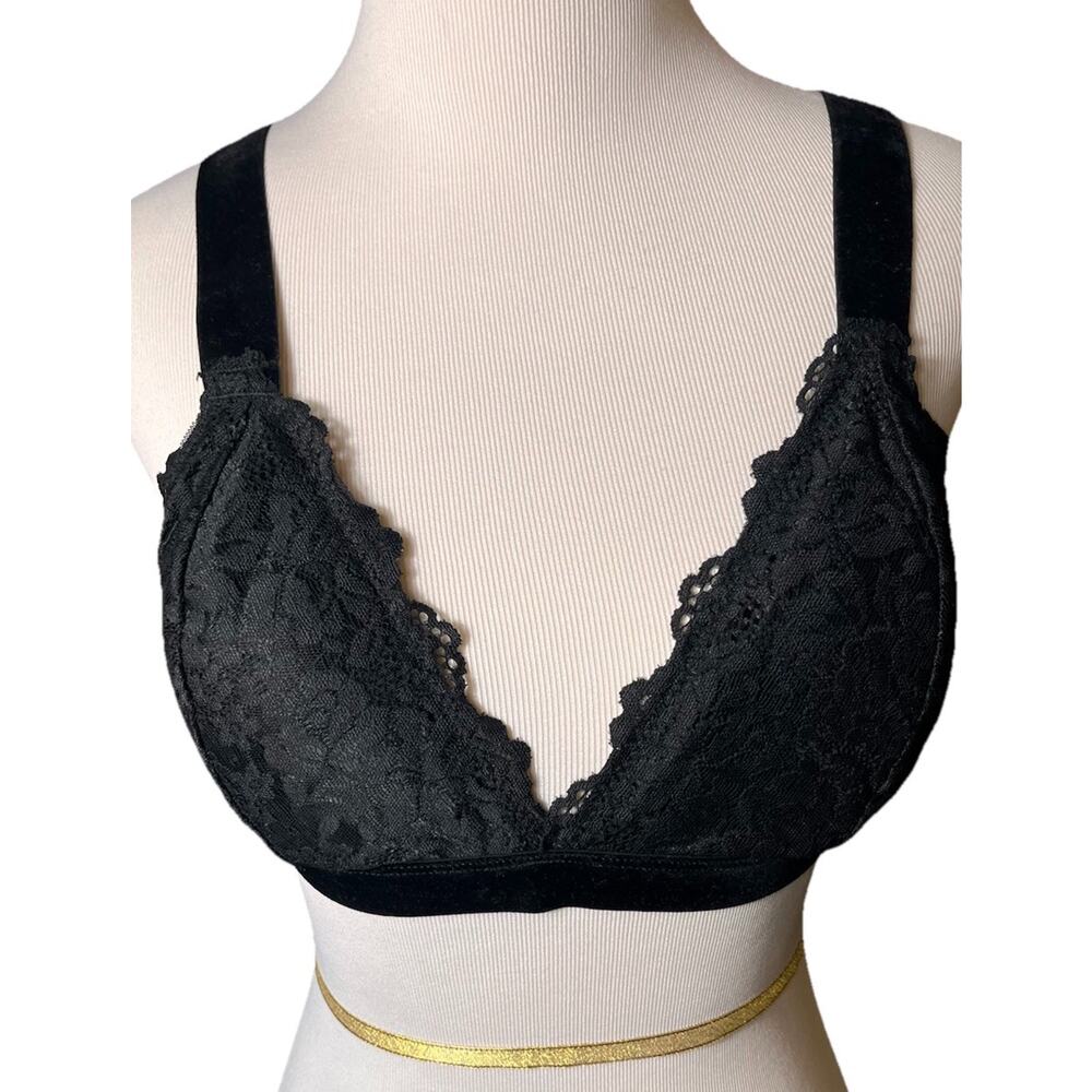 Black‎ Lace Bralette L Wireless Padded Cross Back Velvet Straps